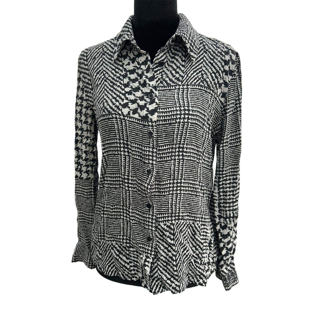 Alessandro de Vin Italy Womens 100% Silk Blouse Black White Geometric Print Top